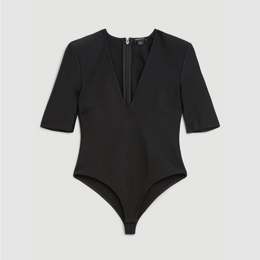 Karen Millen Black V-Neck Bandage Knit Bodysuit Top Petite S